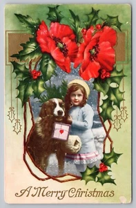 1910s Merry Christmas - Bernese Mountain Dog - Little Girl, Poppies UNP Postcard - Picture 1 of 4