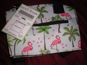 NEW PINK FLAMINGO 8" X-LARGE INSULATED REUSABLE LUNCH TOTE #2 FLAMINGOS - Picture 1 of 7