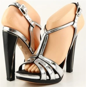 DIANE VON FURSTENBERG DEVON Silver Black Leather Designer T Strap Sandal 7 - Picture 1 of 4