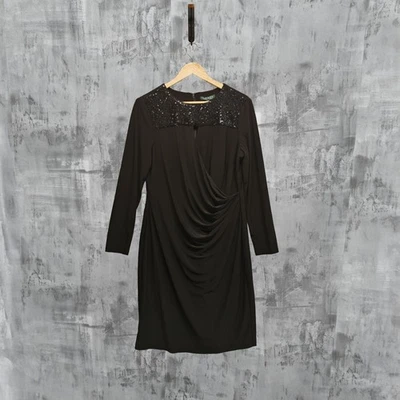 Lauren Ralph Lauren Sequin Yoke Draped Black Dress UK 18 Elegant Evening Wear - Image 1 of 4