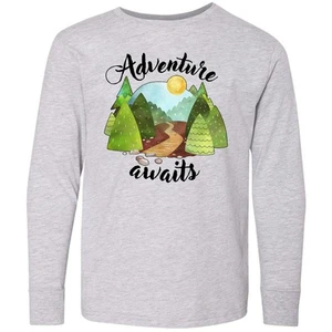 Inktastic Adventure Awaits- Woodland Trail Youth Long Sleeve T-Shirt Hiking Hike - Picture 1 of 3