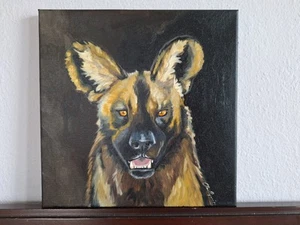 Original Oil Painting Painted Wolf Aka Wild Dog Portrait On Canvas - Picture 1 of 3
