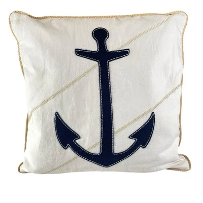 Lands End Anchor Throw Pillow White Linen Blend Blue Anchor w/ Insert Nautical - Image 1 of 4