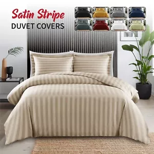 Luxury Satin Stripe Duvet Quilt Cover Single Double King Size 3Piece Bedding Set - Picture 1 of 130