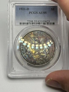 1921-D MORGAN SILVER DOLLAR PCGS AU-55! RAINBOW COLOR TONING! VERY RARE*** - Picture 1 of 11