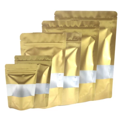 Matte Gold Food Safe Packaging Bags, Smell Proof Stand Up Bags With Window - Image 1 of 4