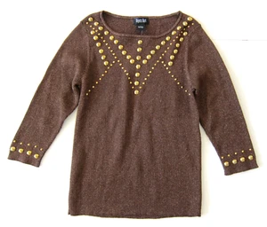 NWT Objects D'art Brown Metallic Gold Studded Ribbed 3/4 Sleeve Sweater Large - Picture 1 of 8