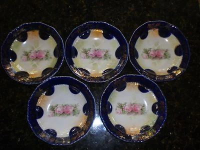  Porcelain Dessert   Bowl German Cobalt  RosesAntique  (set of 5) Gilt - Image 1 of 4