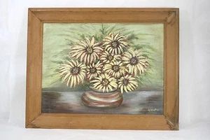 Vintage Primitive Rustic Wood Framed Signed Oil Painting Daisy Daisies 0011010 - Picture 1 of 8