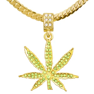 Men's Weed Marijuana CZ Pendant 20" / 24" Miami Cuban Chain Necklace MCP 1064 - Picture 1 of 7