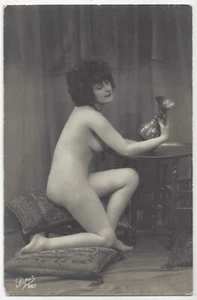 1920 French NUDE Photograph - Girl with Big Hair & Vase - Picture 1 of 2