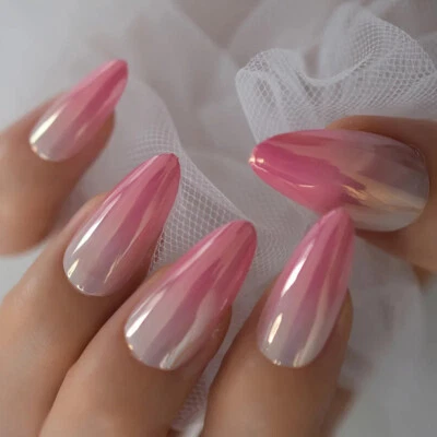 24 Medium Press on nails kit w glue pink ombre jelly iridescent chrome nude - Image 1 of 4
