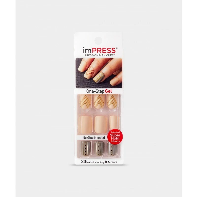 KISS IMPRESS PRESS ON NAILS ONE STEP MANICURE SHOCKING MATTE with GOLD ACCENTS