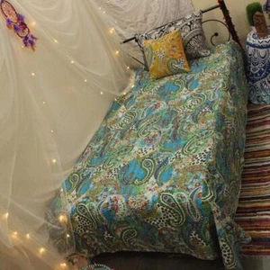 Indian Handmade Turquoise Kantha Quilt Vintage Throw Cotton Bedspread Blanket - Imagen 1 de 3