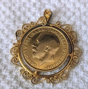 1916 vergoldete englische Penny King George Front & Queen Victoria Rückseite Anhänger - Bild 1 von 12