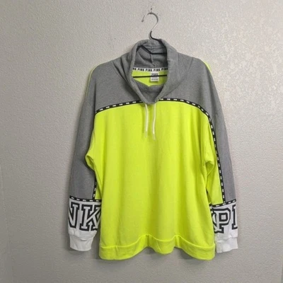 РОЗОВЫЙ на Victoria's Secret неоновый желтый серый толстовка шнурка высоты шеи L - Изображение 1 из 4