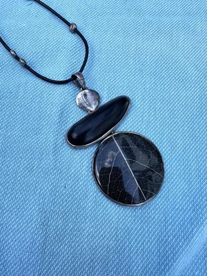 Silpada Sterling Silver Black Ebony Wood Soursop Leaf Resin Pendant Leather Cord - Image 1 of 4