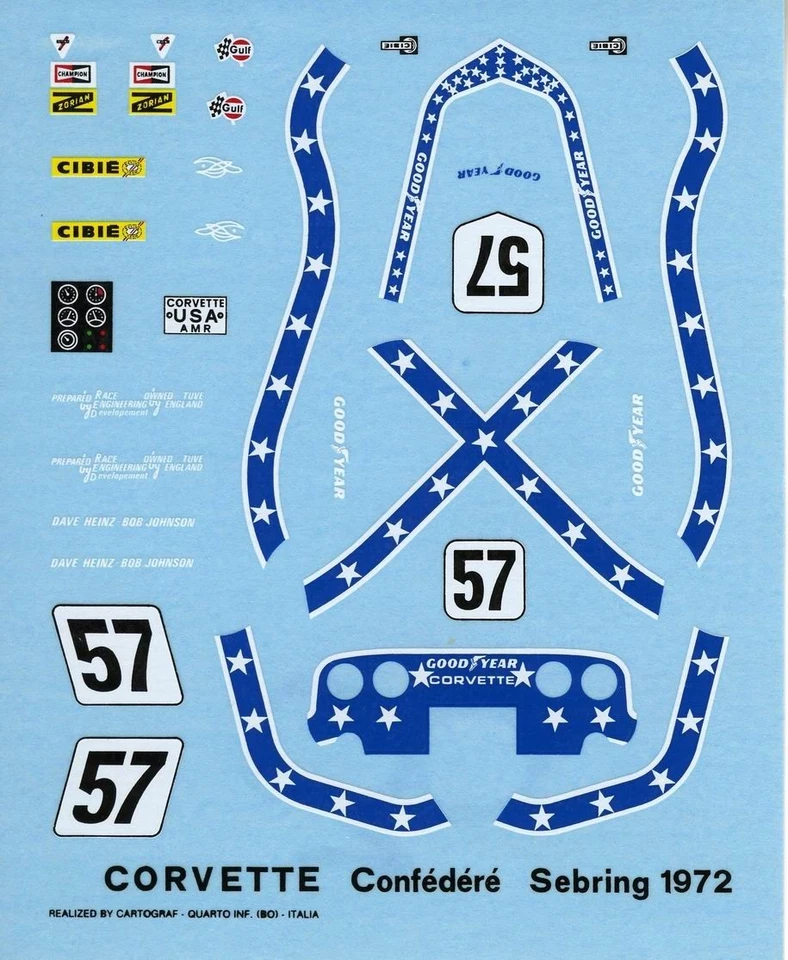 CHEVROLET CORVETTE  C3 N° 57  RACE 12 H SEBRING 1972 CARTOGRAF DECALS 1/43 - Immagine 1 di 1