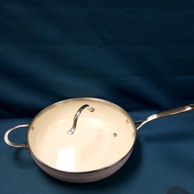 Food Network 12" frigideira de aço inoxidável esmalte antiaderente com tampa de vidro 1022 em excelente estado usado  - Imagem 1 de 4