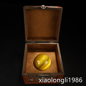 8" old China antique Exquisite carving yellow a cat 's-eye (with wooden box)