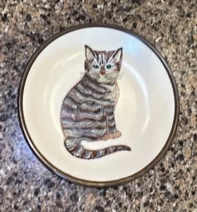 Vintage handbemalte gestreifte Katze Kätzchen Schüssel Porzellan & Messing Made in Hong Kong - Bild 1 von 13