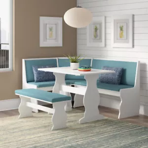 Upholstered Corner Breakfast Nook Dining Set Table Bench White Blue Cushion Seat - Picture 1 of 12