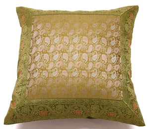 16x16 Inch Indian Woven Zari Brocade Banarasi Silk Paisley Cushion Covers Green - Picture 1 of 4