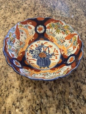 Early Japanese Imari Porcelain Bowl with Flowers Bouquet Blue Orange Red Green - Image 1 of 4