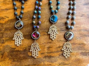 Beaded Evil Eye Necklace, Hamsa Hand of Fatima Good Luck Druzy Beaded Necklace - Picture 1 of 5