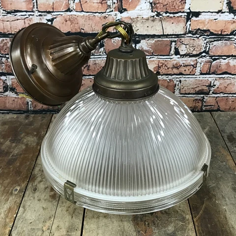 Vintage Holophane Industrial Ceiling Glass Shade Pendant Light Fixture Ribbed Cover