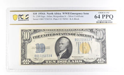1934 A $10 N Africa Silver Certificate WWII Fr#2309 Choice Unc 64 PPQ PCGS *2464 - Image 1 of 3