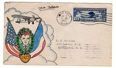 C10 Lindbergh 1927 Airmail FDC - Jack Follows Hand-drawn Add-On Nickles - Image 1 of 2
