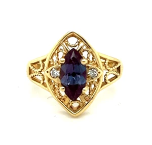 Imitation Alexandrite and Diamond Ring REAL Solid 14k Yellow Gold 4.0 g Size 6.5 - Picture 1 of 5
