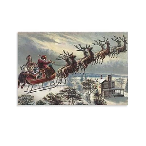 Santa Claus riding a reindeer delivering Christmas gifts retro Christmas poster - Picture 1 of 12