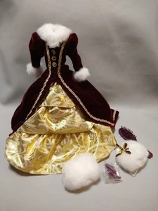 Barbie Burgundy Red Gold Winter Gown Dress Outfit Fur Muff Hat Shoes - Picture 1 of 4