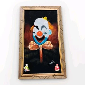 Antique Clown Painting Black Velvet Original Wood Frame 70s 80s Vtg - Picture 1 of 8