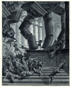 1890 wood engraving DEATH OF SAMPSON Destroying Temple Gustave Dore bible print - Picture 1 of 4