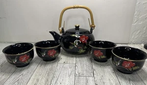Schwarz Fine China asiatisches Teeservice, Teekanne & 4 Tassen rote Blumen & Vogel "schön" - Bild 1 von 14