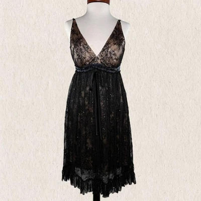 Y2K Marc Bouwer Glamit Black Lace Beaded Midi Babydoll Dress Size 4 Gothic Glam - Image 1 of 4