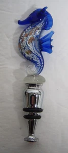 Handcrafted Blue & Gold Fused Glass Seahorse Bottle Stopper Polished Chrome Base - Picture 1 of 5