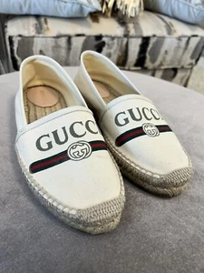 Gucci Logo Print Beige Canvas Leather Trim Espadrilles Flats - Picture 1 of 4