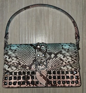Michael Kors Greenwich Silver Stud Bag Ocean Blue MLT MSRP $458 Snake Embossed - Picture 1 of 13