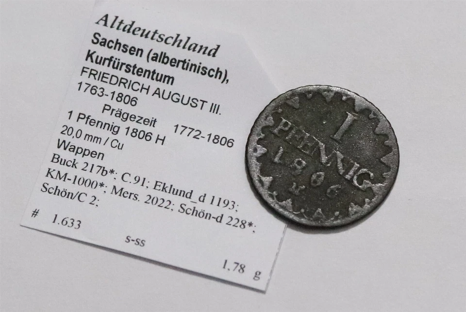 🧭 🇩🇪 GERMANY SAXONY 1 PFENNIG 1806 H B79 #Z3369 - Image 1 of 2