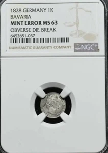 1828 Bavaria. Silver Kreuzer. Germany.  NGC MS63 Mint Error. Rare - Picture 1 of 2