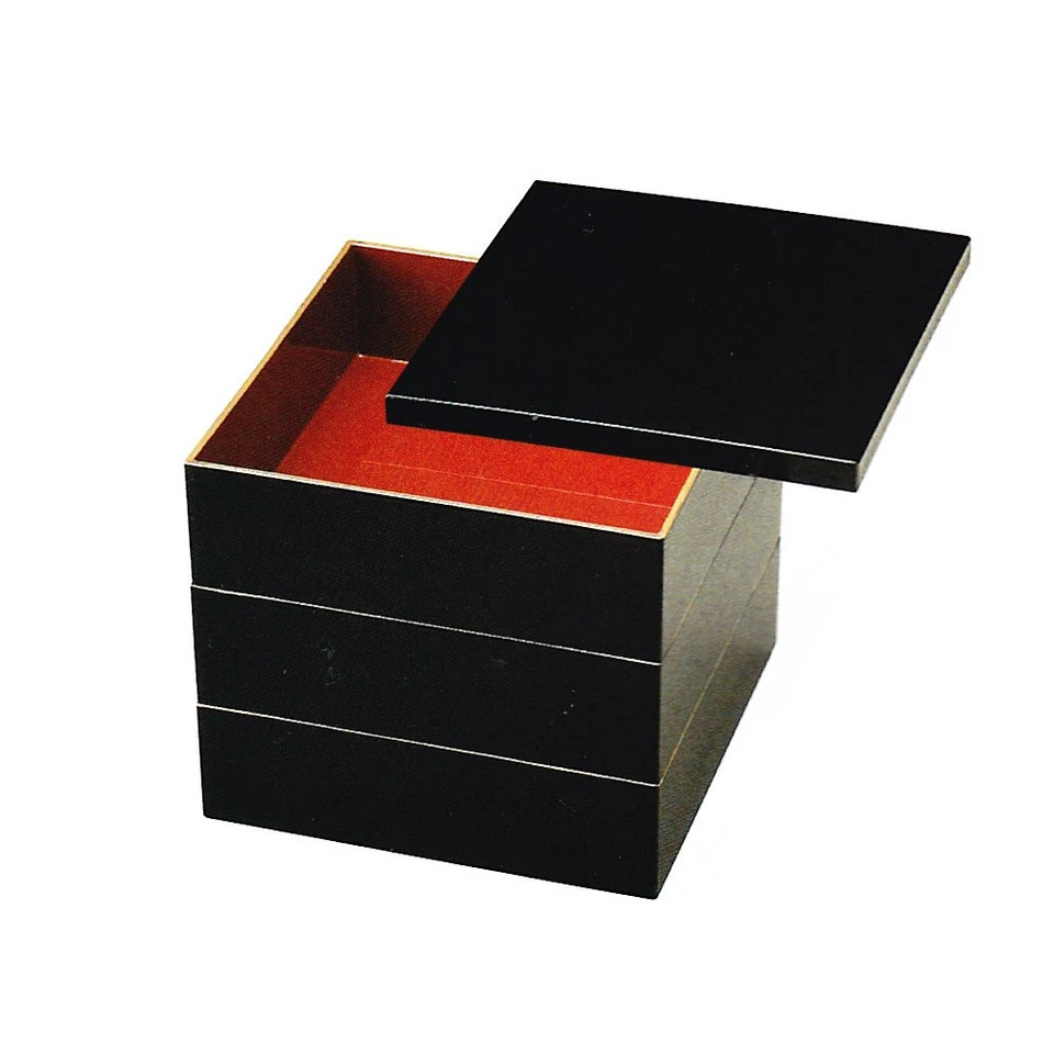 Jubako Bento box: Black side, gold edge, inside red: 19.6 x 19.6 x 19 cm - Image 1 of 1