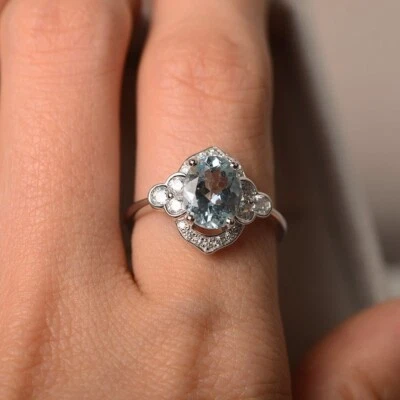 1.80 Ct Oval  Real Aquamarine & Diamond Engagement Ring 14K Solid White Gold A - Image 1 of 4