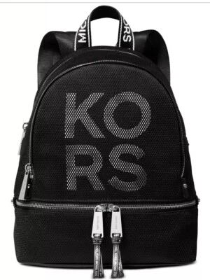 New Michael Kors Rhea Zip Backpack Logo front polyester Bag black white silver - Image 1 of 4