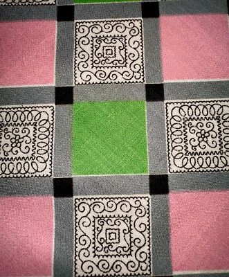 Vtg Checked/Plaid Cotton Fabric W36”xL5.6Yds Black Pink Green & Design Squares - Image 1 of 4