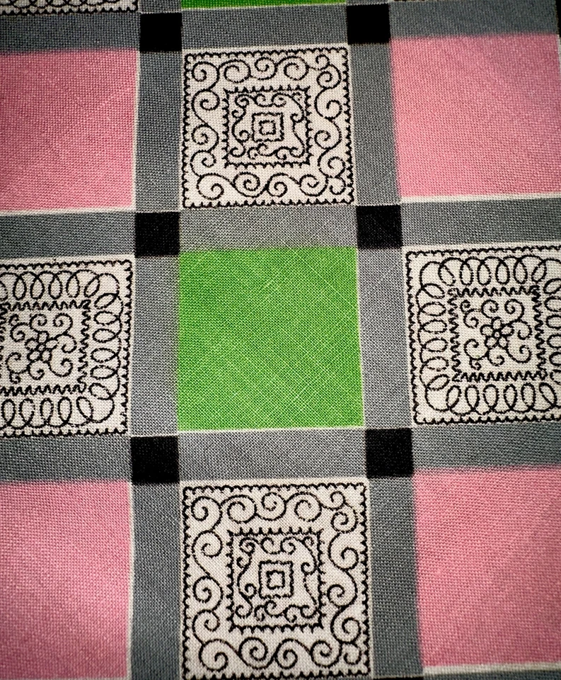 Vtg Checked/Plaid Cotton Fabric W36”xL5.6Yds Black Pink Green & Design Squares - Image 1 of 4