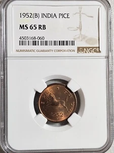 India 1 Pice 1952B NGC MS 65 RB - Picture 1 of 2